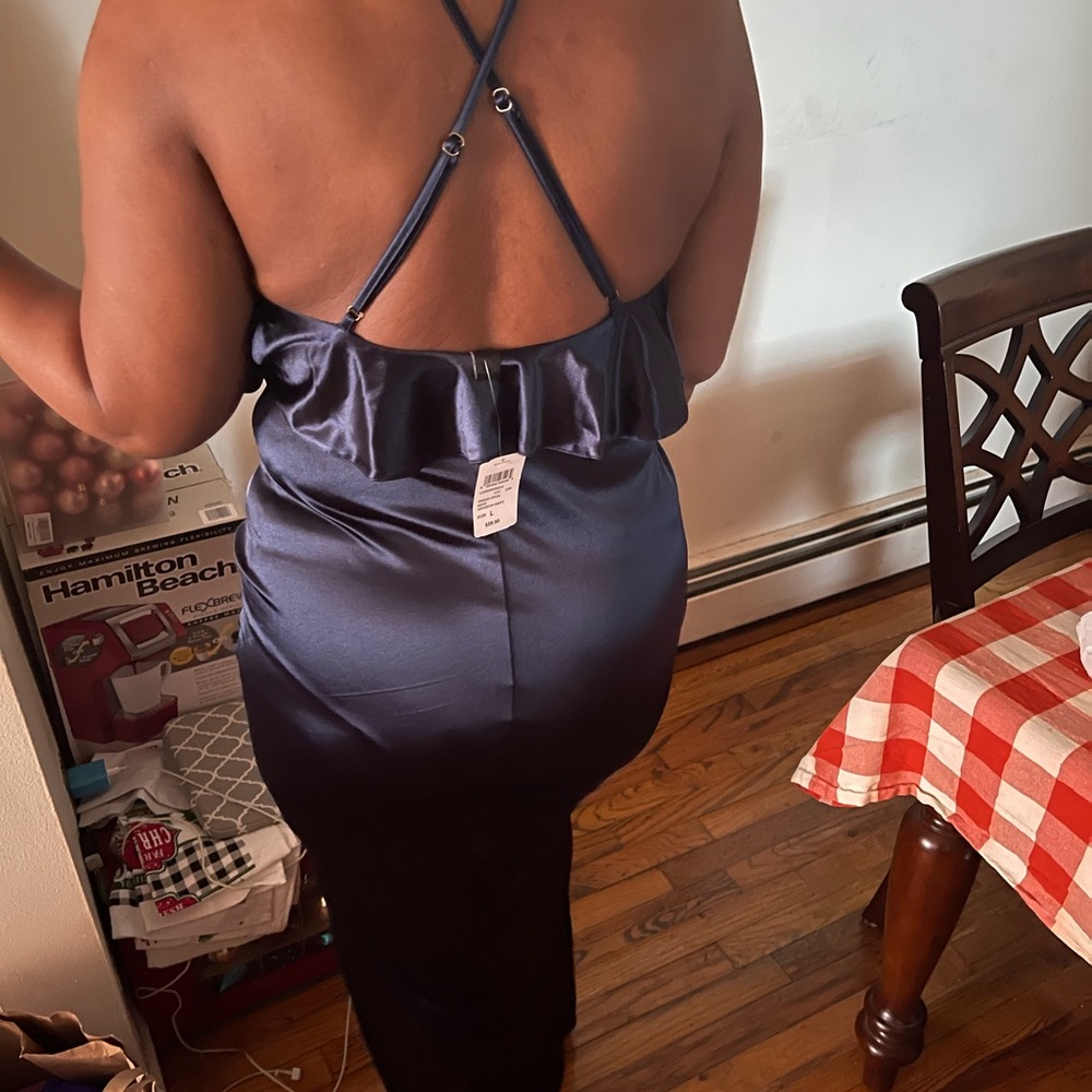 Double Ruffle Navy Blue Halter Neck Gown - Picture 2 of 4